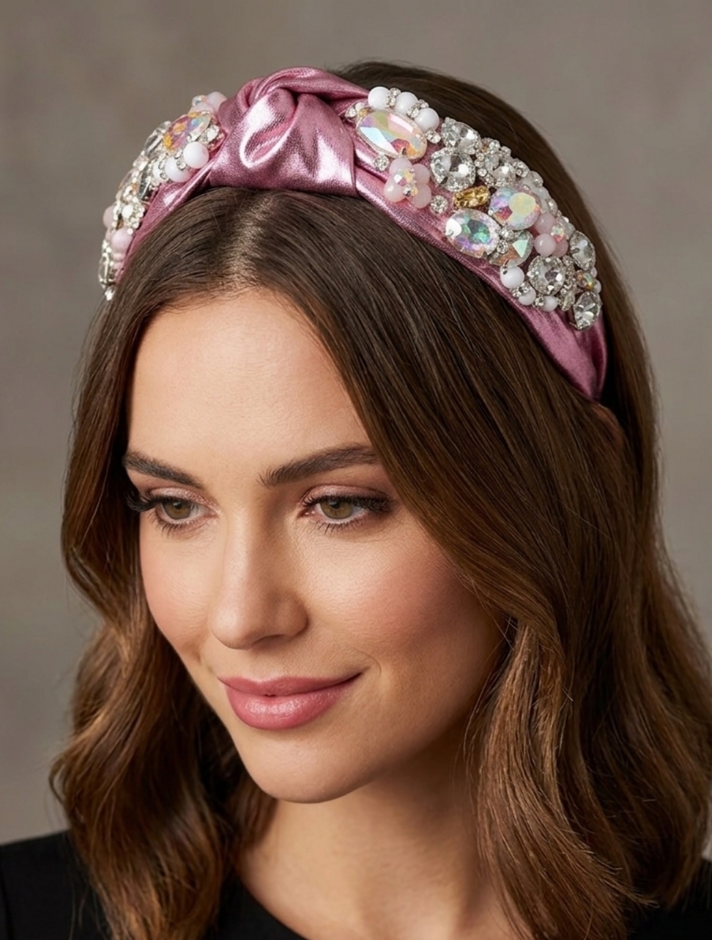 Embellished Satin Headband in Metallic Pink With Jeweled Accents NWOT